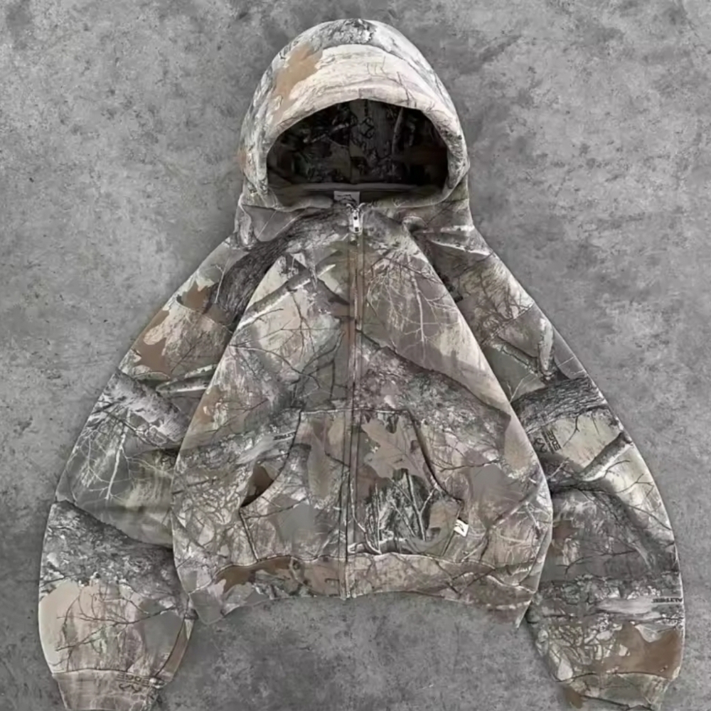 Nature-Inspired Gray and Brown Puffer Jacket with Hood